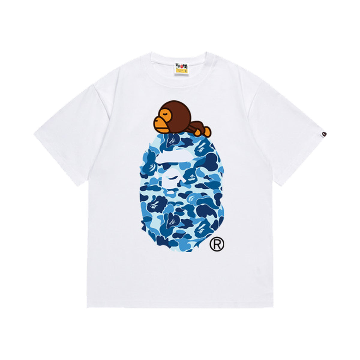 White graphic T-shirt, blue camouflage ape-head graphic with a small brown cartoon character, front view