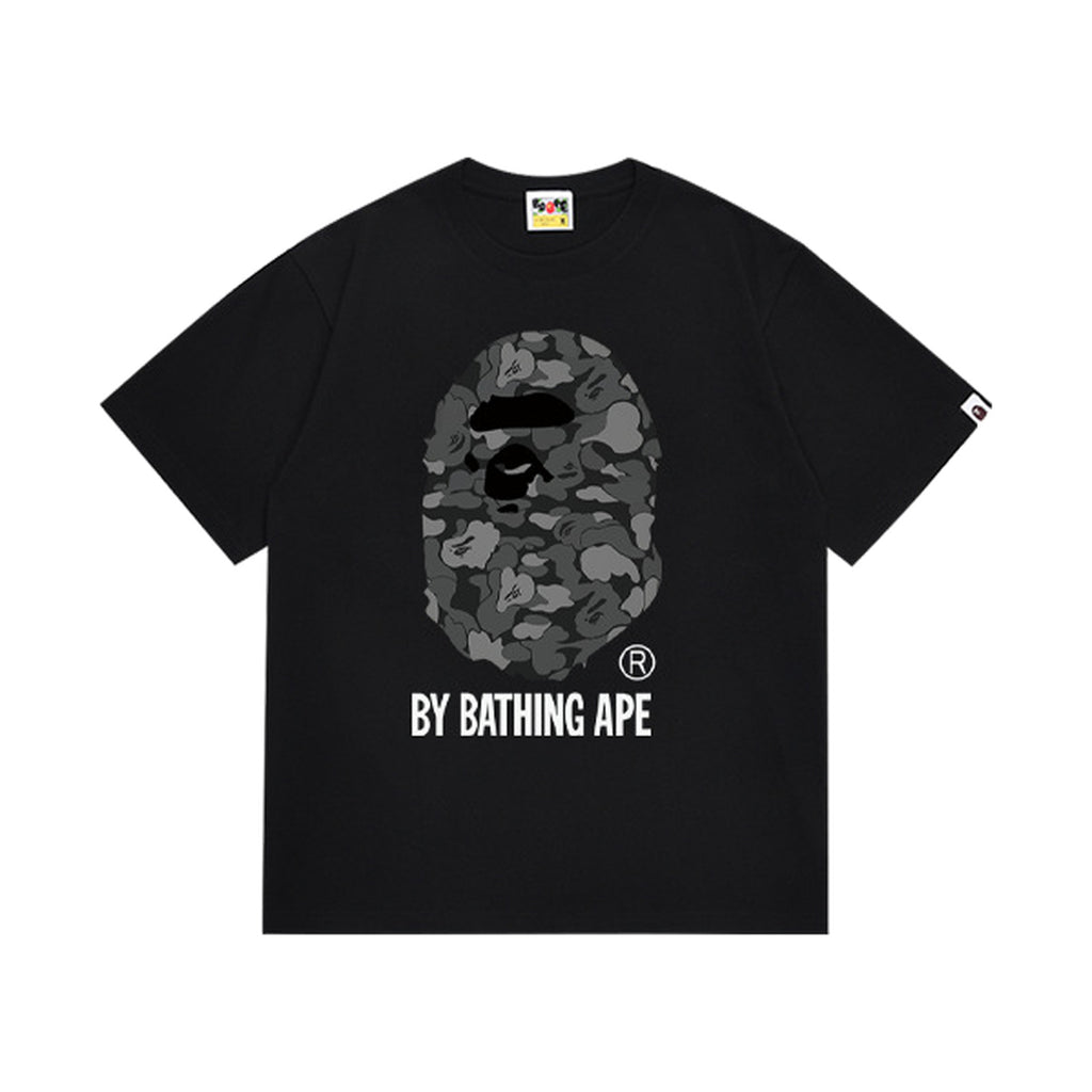 Black graphic T-shirt, large grey camouflage ape-head graphic with lettering, front view