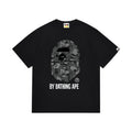 Black graphic T-shirt, large grey camouflage ape-head graphic with lettering, front view