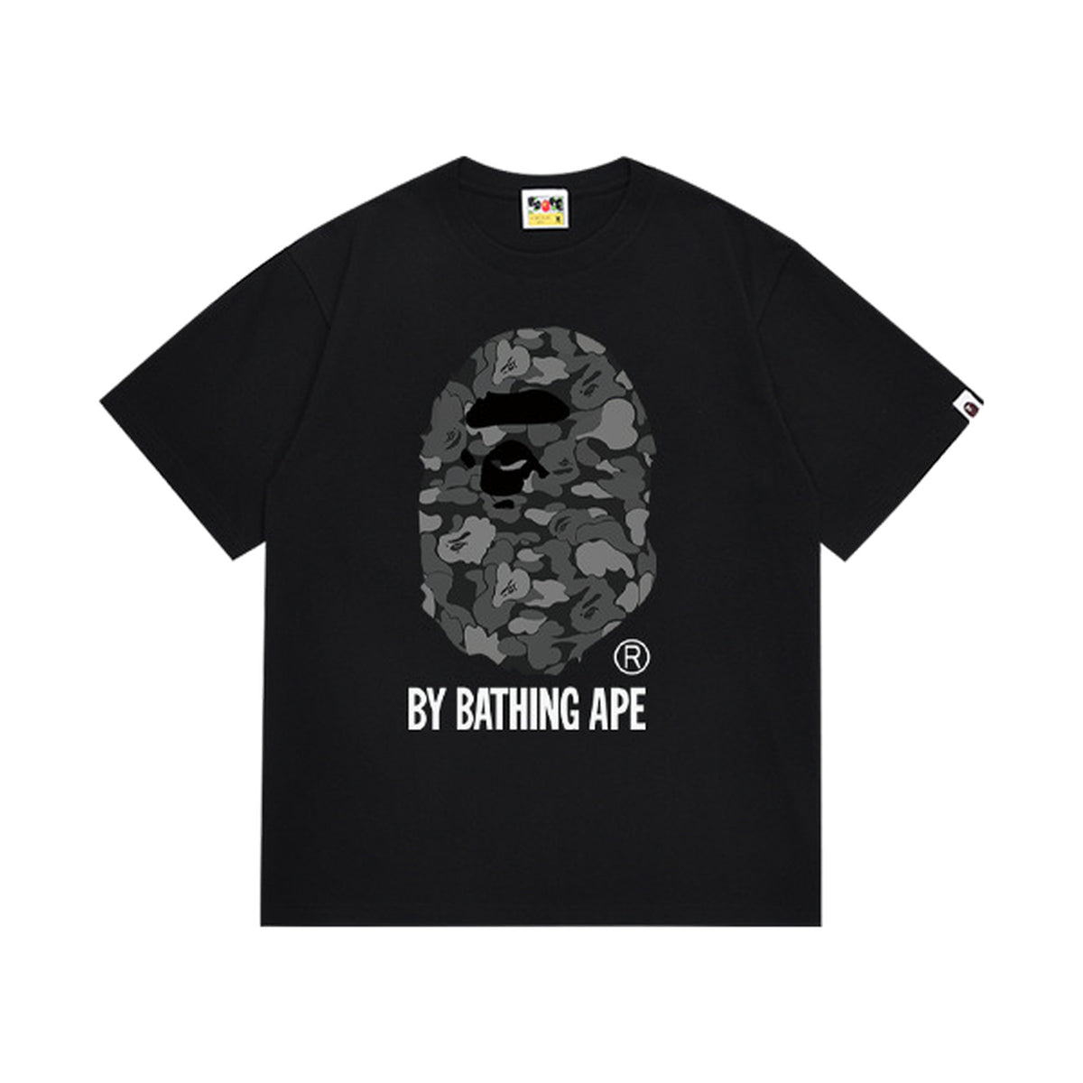 Black graphic T-shirt, large grey camouflage ape-head graphic with lettering, front view