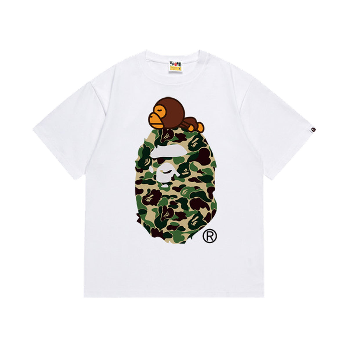 White graphic T-shirt, green camouflage ape-head graphic with a small brown cartoon character, front view