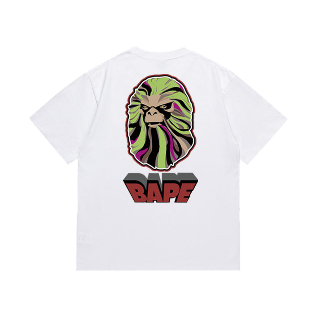 White graphic T-shirt, large green and pink swirling ape graphic with red lettering, back view
