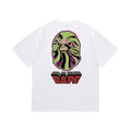White graphic T-shirt, large green and pink swirling ape graphic with red lettering, back view