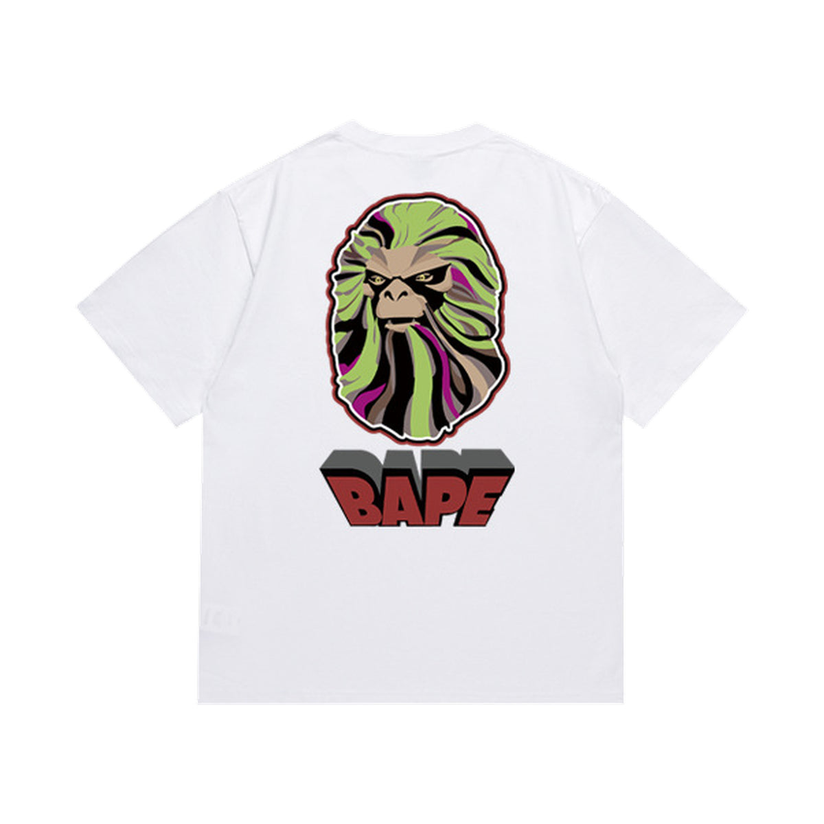 White graphic T-shirt, large green and pink swirling ape graphic with red lettering, back view