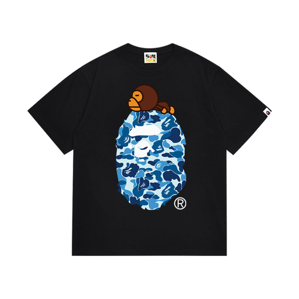 Black graphic T-shirt, blue camouflage ape-head graphic with a small brown cartoon character, front view