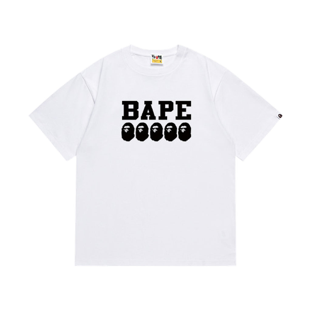 White graphic T-shirt, bold black lettering above five small ape-head graphics, front view