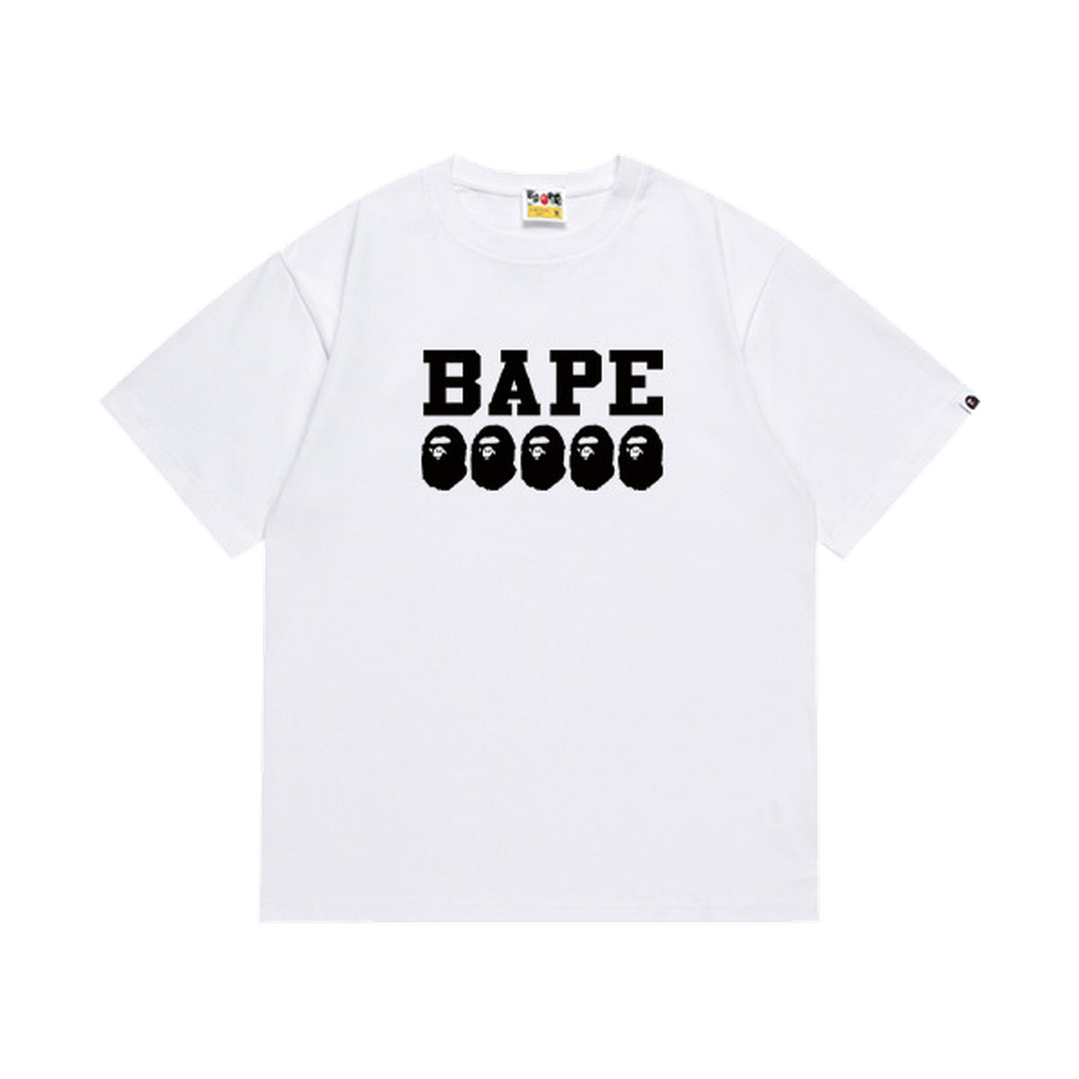 White graphic T-shirt, bold black lettering above five small ape-head graphics, front view