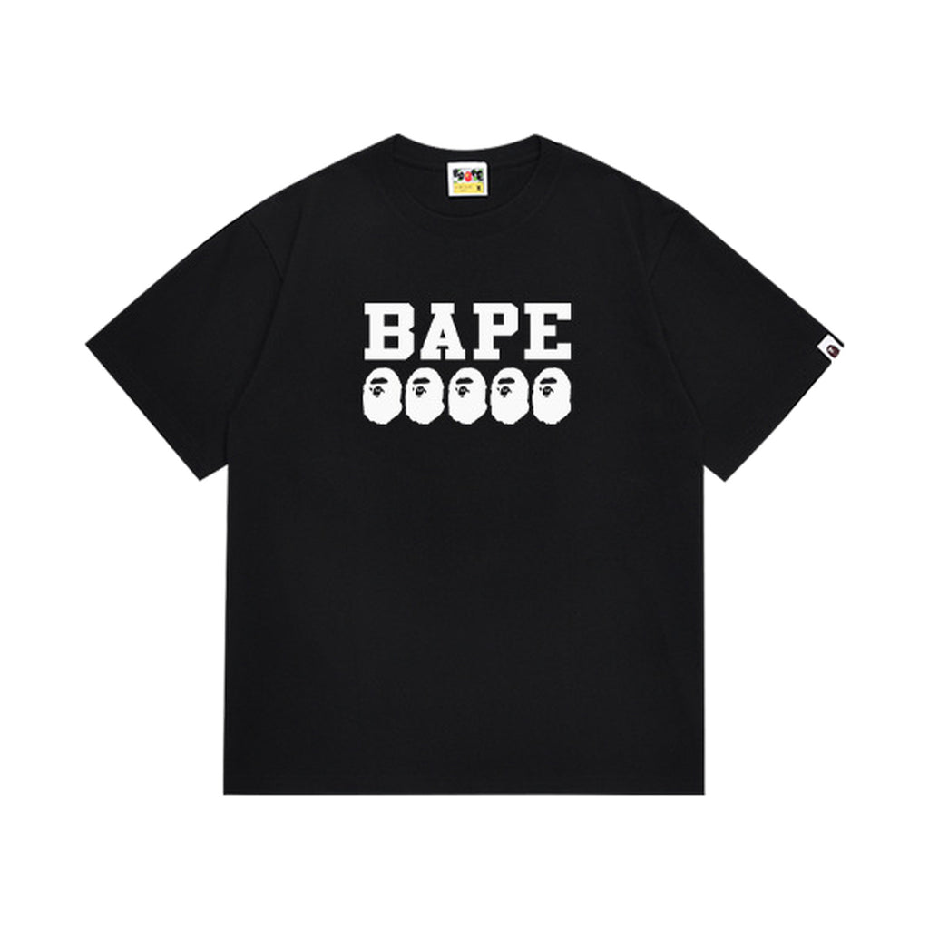 Black graphic T-shirt, bold white lettering above five small ape-head graphics, front view