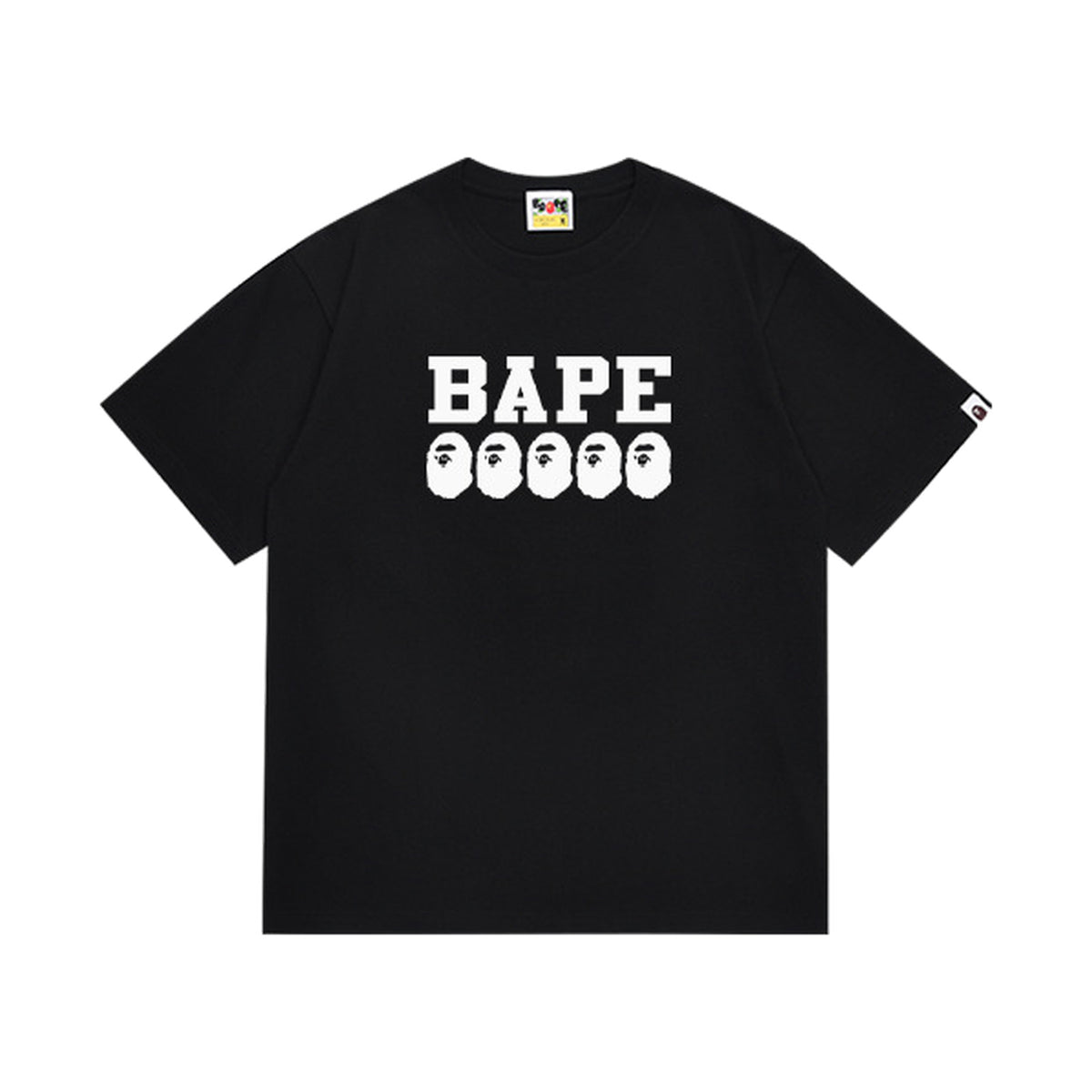 Black graphic T-shirt, bold white lettering above five small ape-head graphics, front view