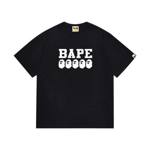 Black graphic T-shirt, bold white lettering above five small ape-head graphics, front view