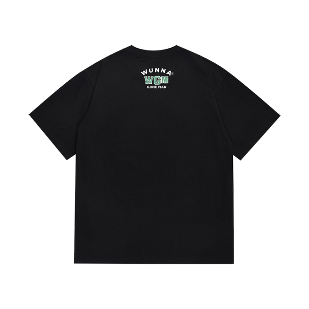 Black graphic T-shirt, small upper-back lettering, back view