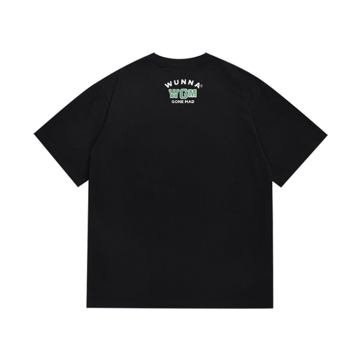 Black graphic T-shirt, small upper-back lettering, back view