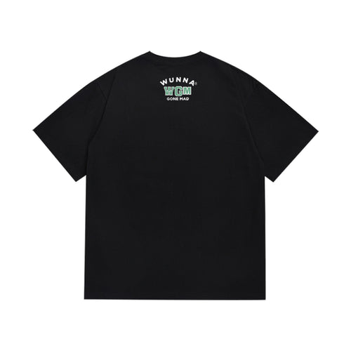 Black graphic T-shirt, small upper-back lettering, back view