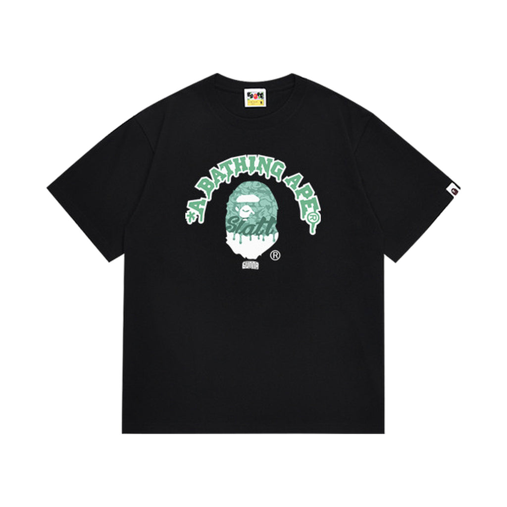 Black graphic T-shirt, green outlined arched lettering and green ape graphic, front view