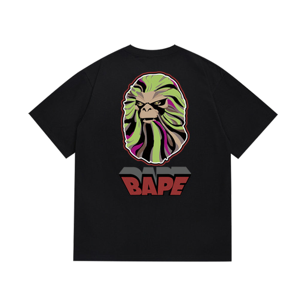 Black graphic T-shirt, large green and pink swirling ape graphic with red lettering, back view
