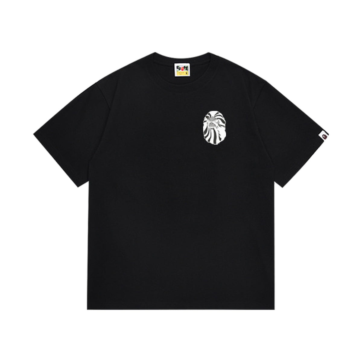 Black graphic T-shirt, small chest graphic, front view
