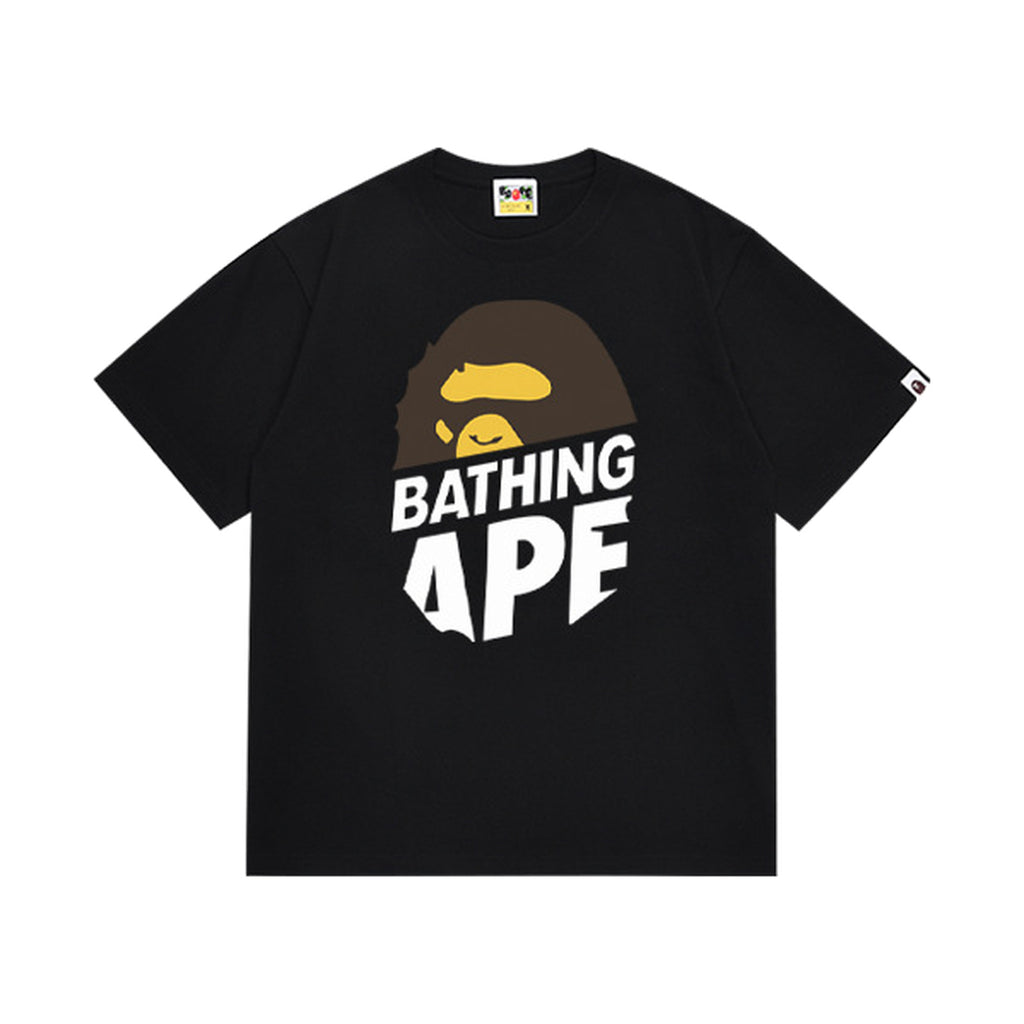 Black graphic T-shirt, brown and yellow ape graphic above stacked white lettering, front view