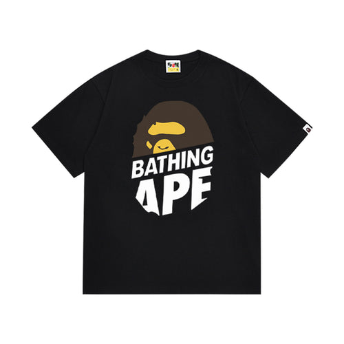 Black graphic T-shirt, brown and yellow ape graphic above stacked white lettering, front view