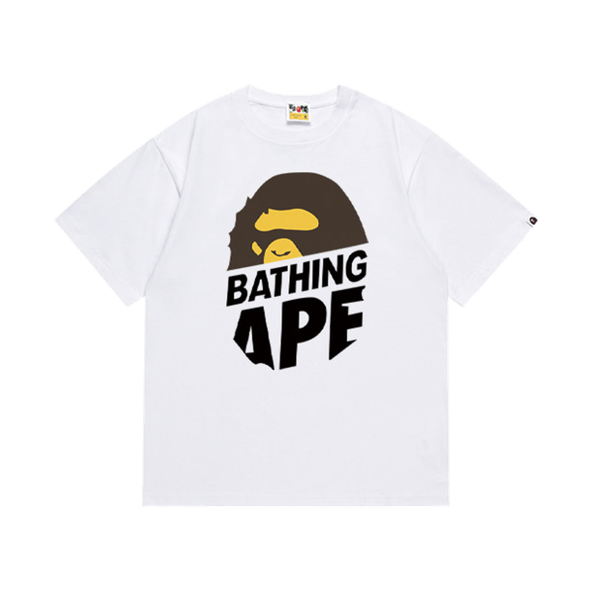 White graphic T-shirt, brown and yellow ape graphic above stacked black lettering, front view