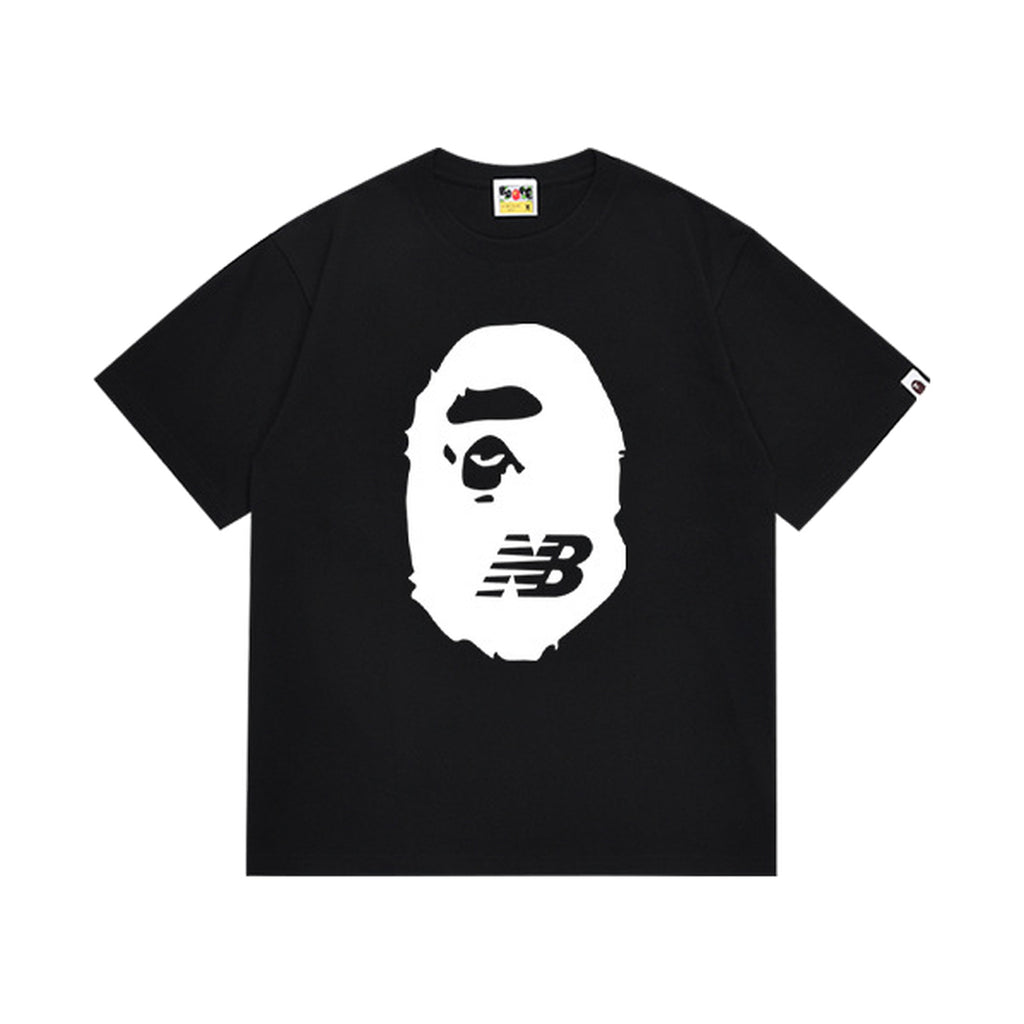 Black graphic T-shirt, large white ape-head graphic with nb lettering, front view