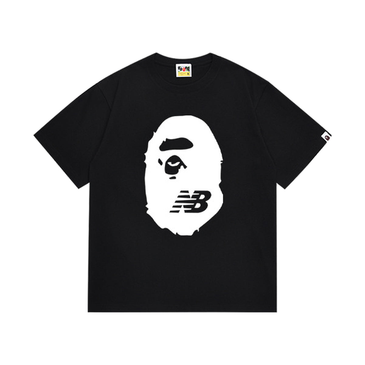 Black graphic T-shirt, large white ape-head graphic with nb lettering, front view
