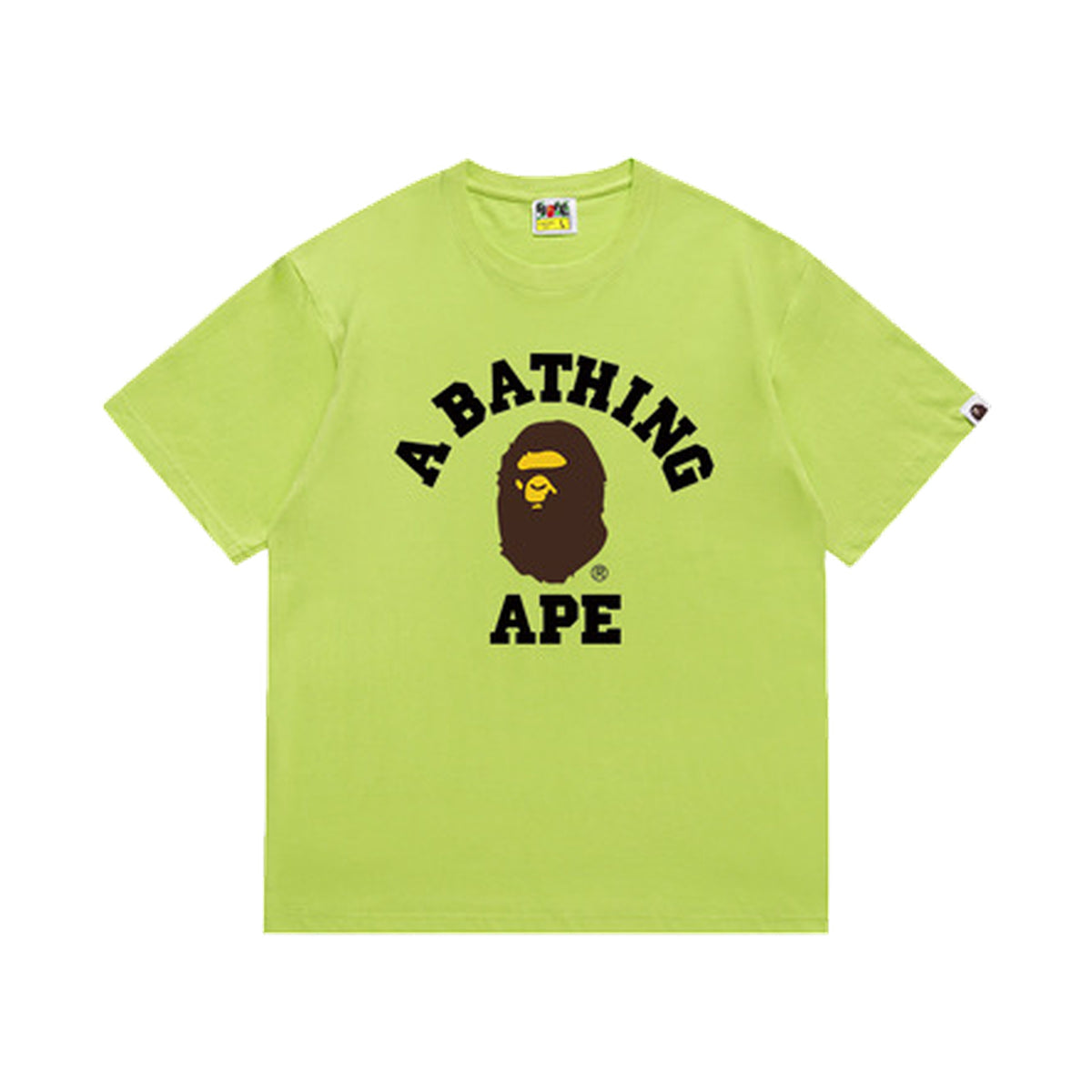 Lime Green graphic T-shirt, arched black lettering and brown and yellow ape-head graphic, front view