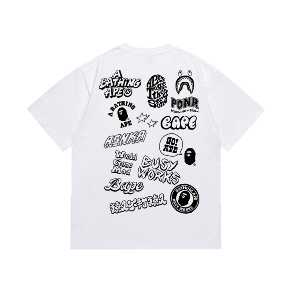 White graphic T-shirt, large assortment of doodle graphics, back view