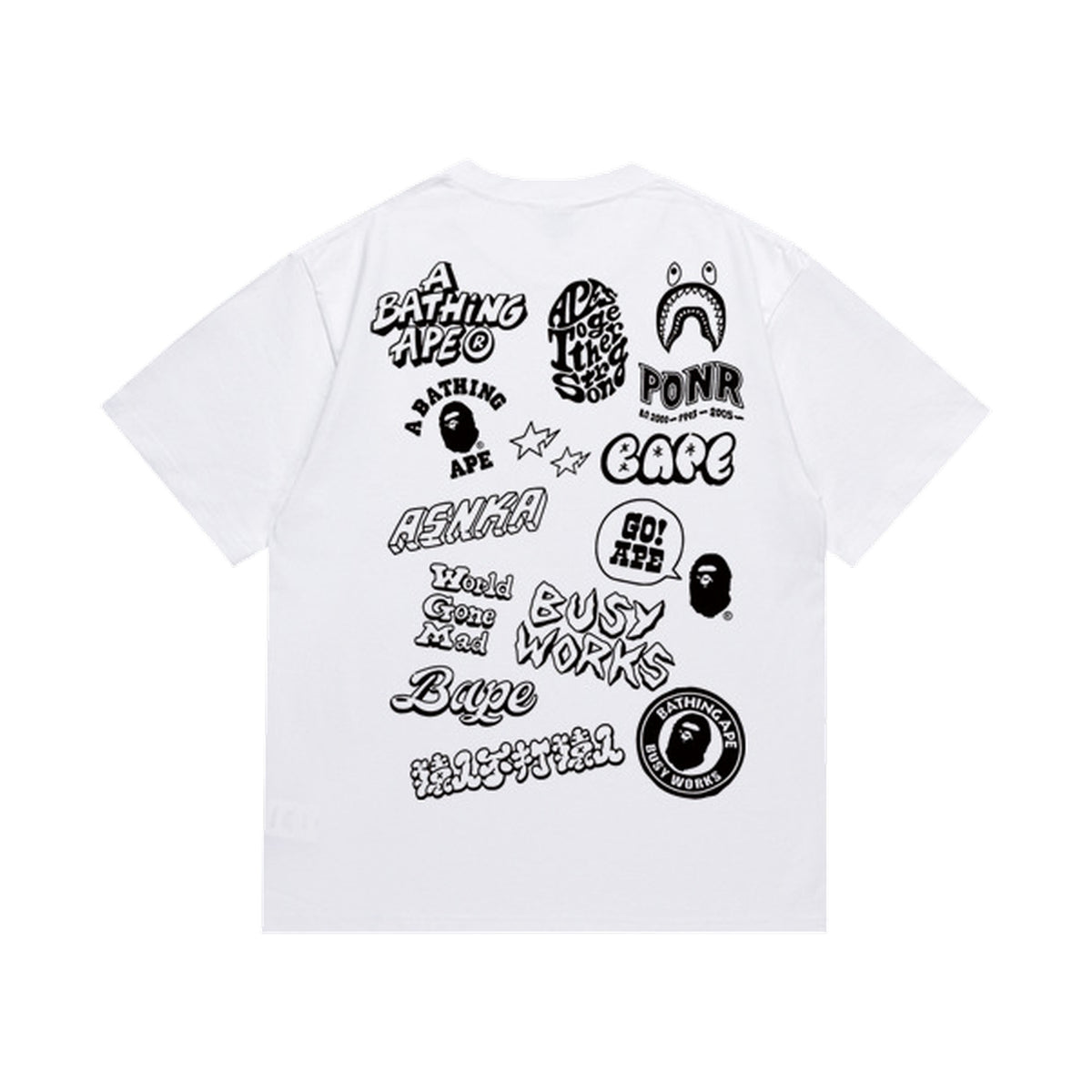 White graphic T-shirt, large assortment of doodle graphics, back view