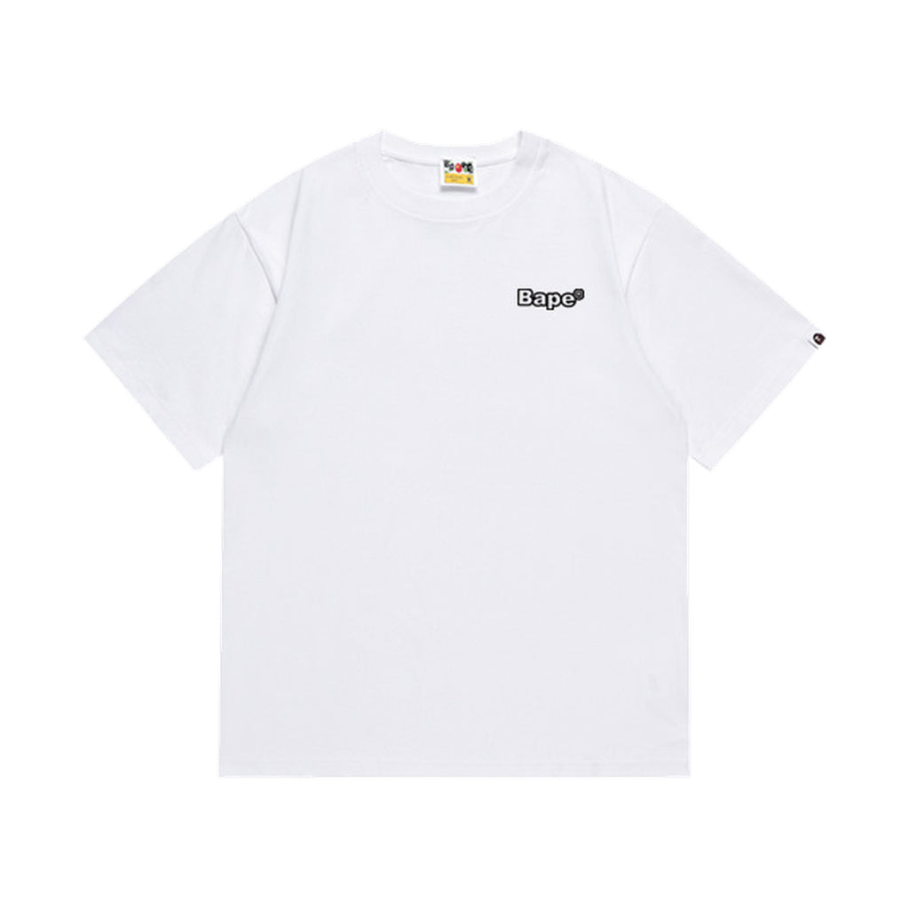 White graphic T-shirt, small chest lettering, front view