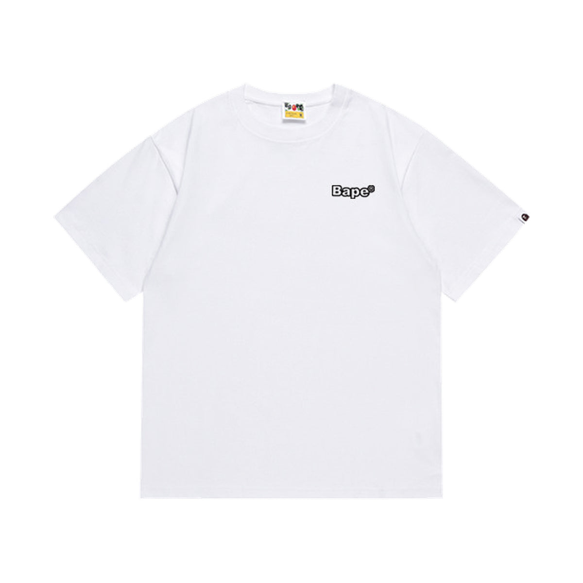 White graphic T-shirt, small chest lettering, front view
