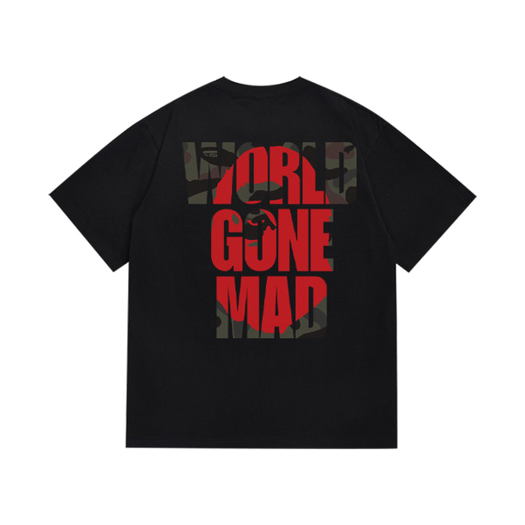 Black graphic T-shirt, large red and camouflage world gone mad lettering, back view