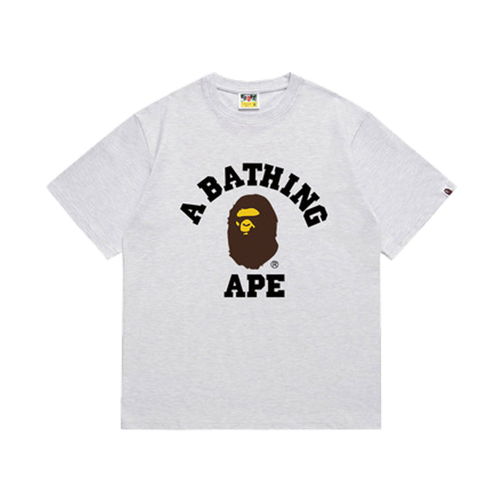 Heather Grey graphic T-shirt, arched black lettering and brown and yellow ape-head graphic, front view