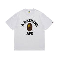 Heather Grey graphic T-shirt, arched black lettering and brown and yellow ape-head graphic, front view