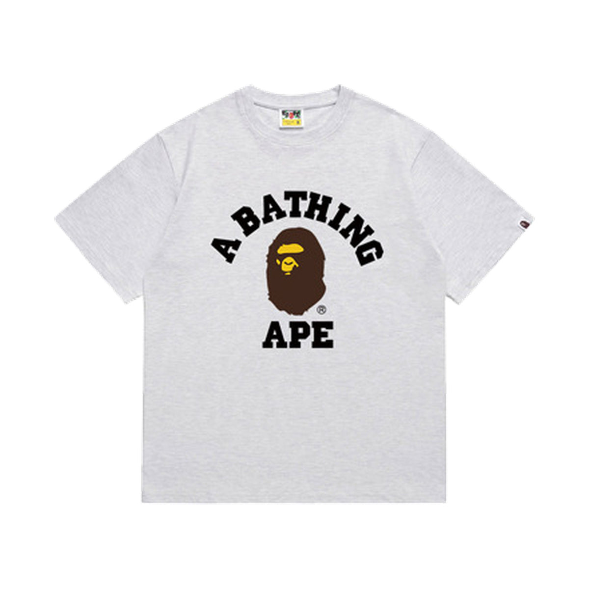 Heather Grey graphic T-shirt, arched black lettering and brown and yellow ape-head graphic, front view