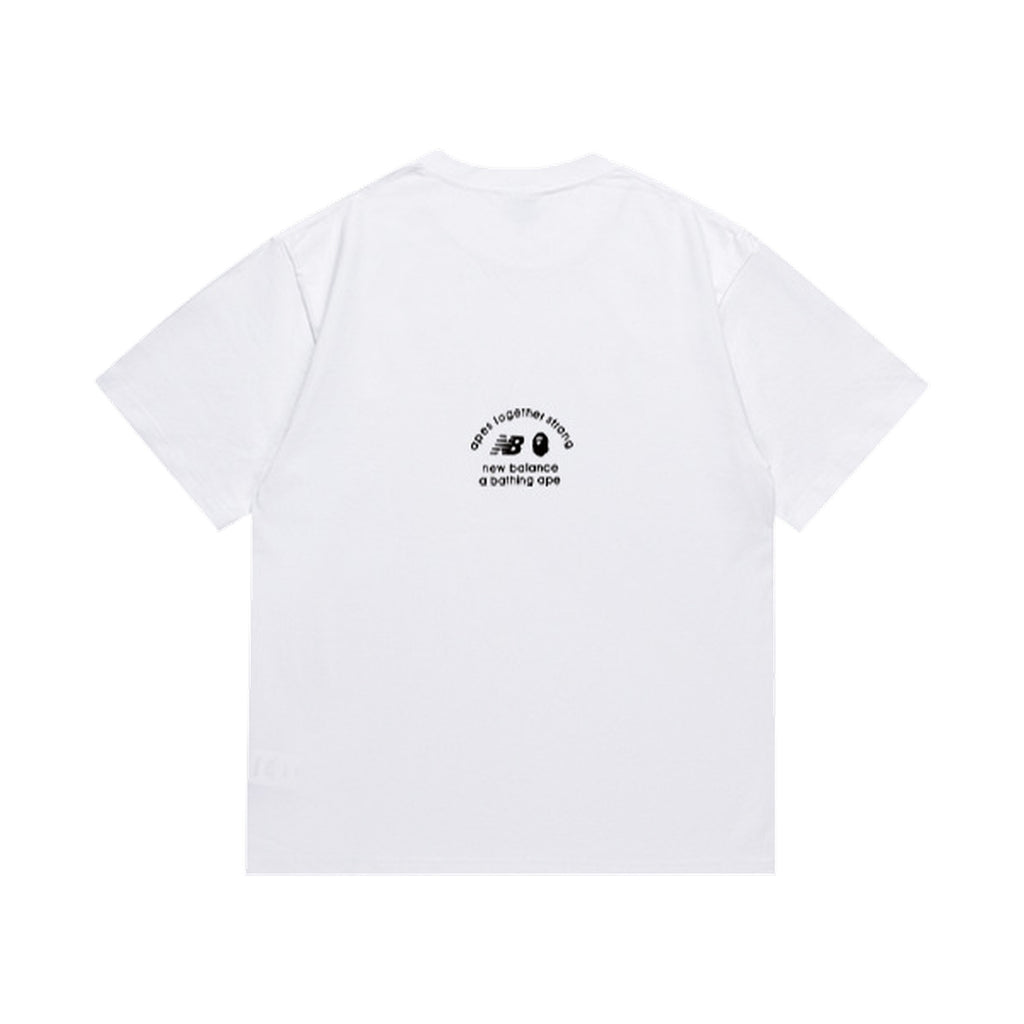 White graphic T-shirt, small upper-back graphic, back view