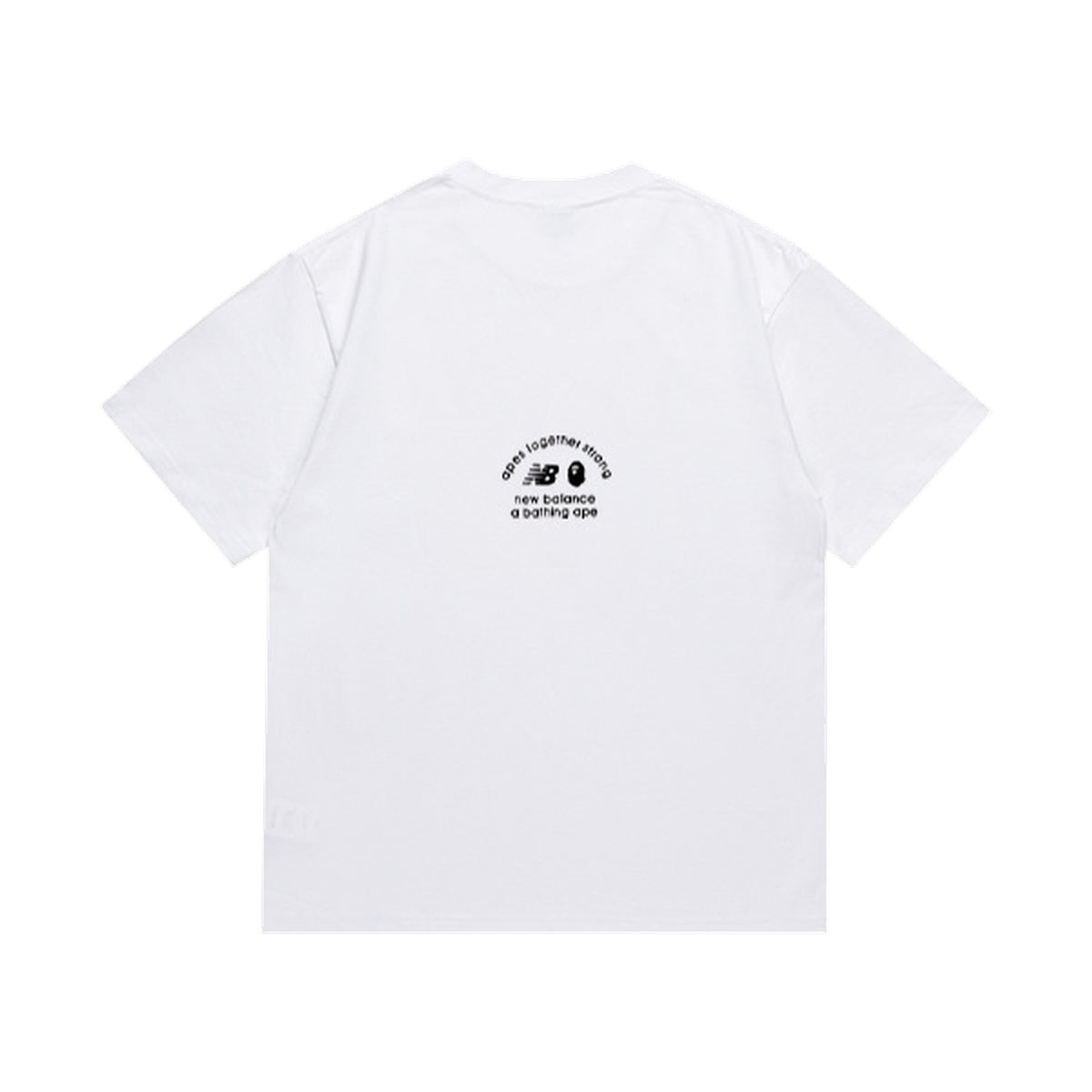 White graphic T-shirt, small upper-back graphic, back view