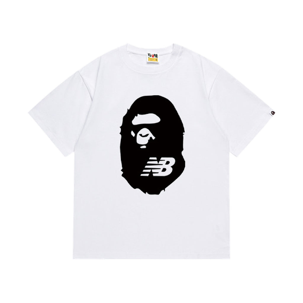 White graphic T-shirt, large black ape-head graphic with nb lettering, front view