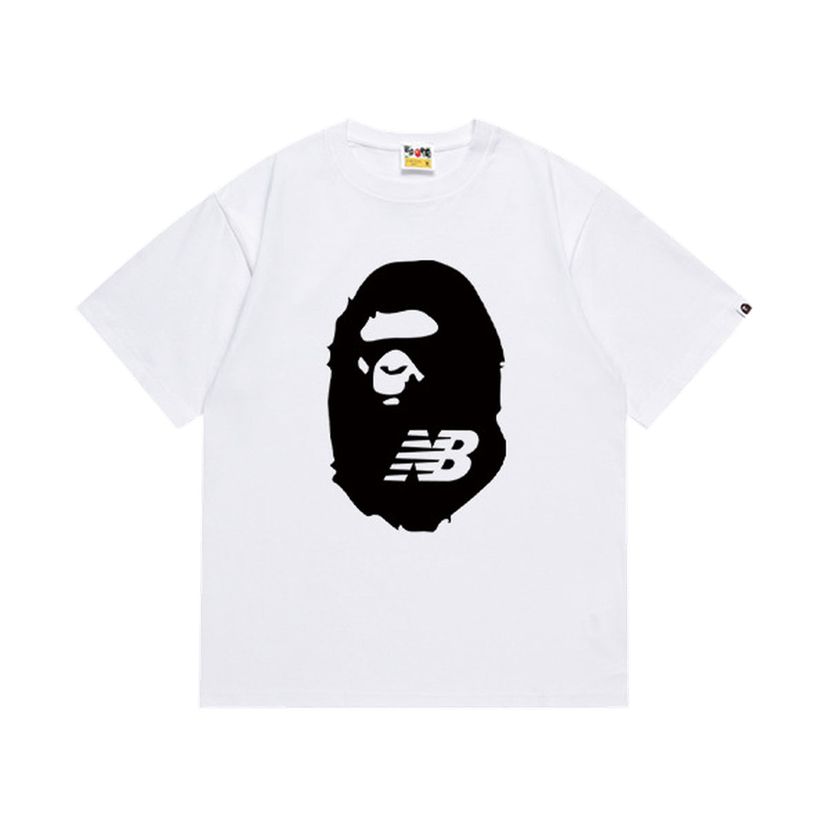 White graphic T-shirt, large black ape-head graphic with nb lettering, front view