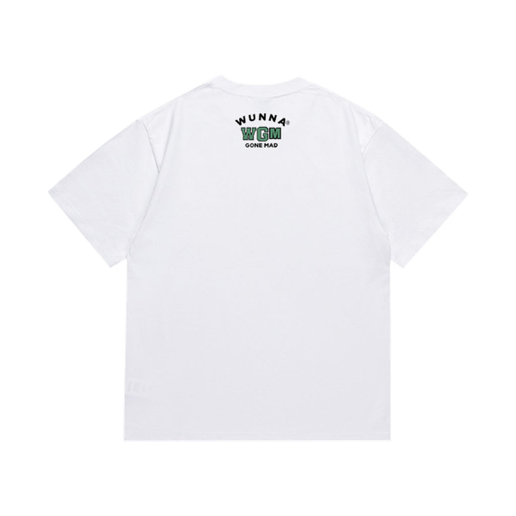White graphic T-shirt, small upper-back lettering, back view