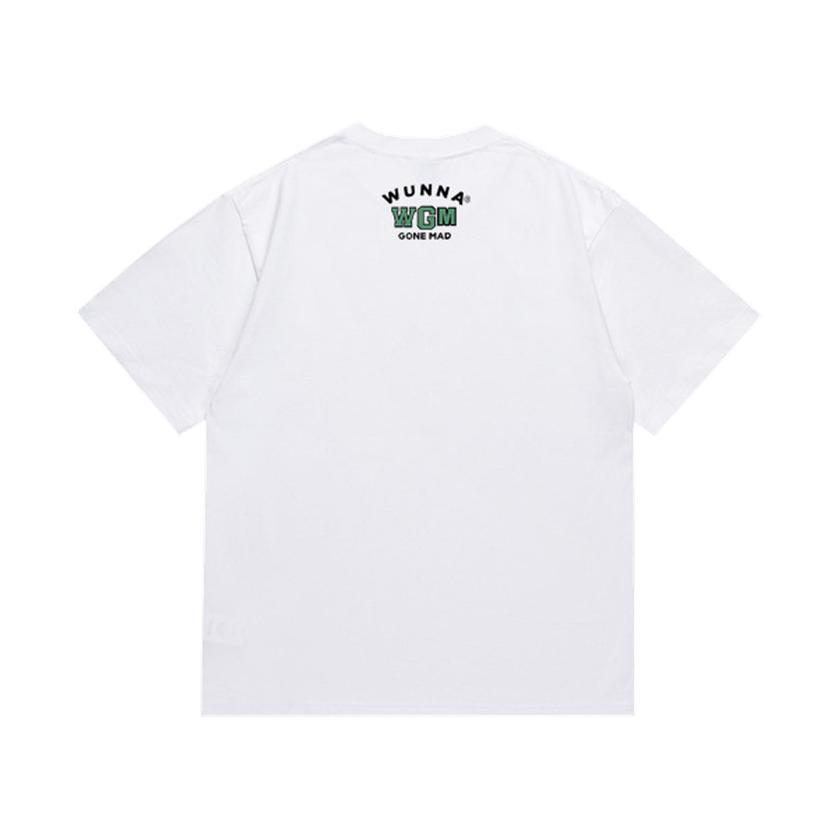 White graphic T-shirt, small upper-back lettering, back view