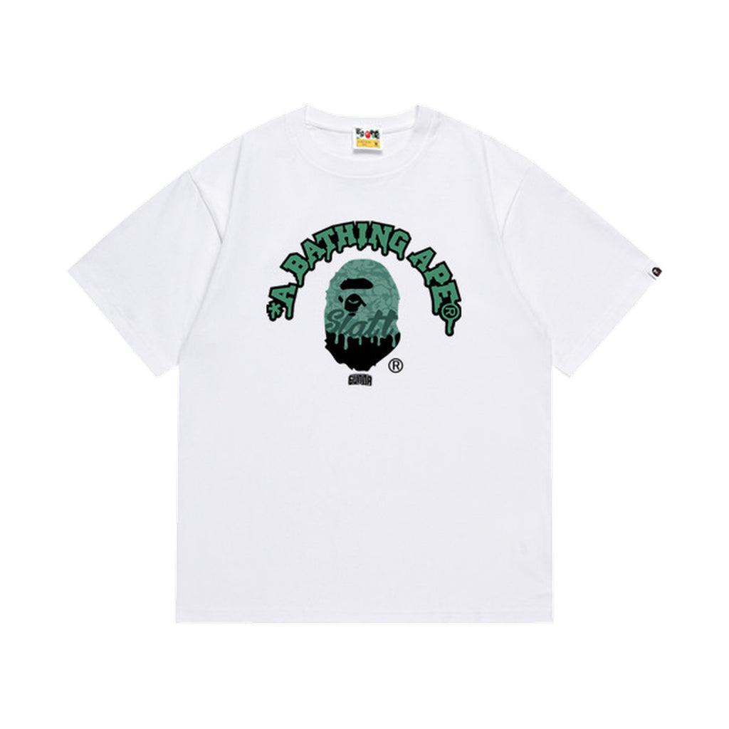 White graphic T-shirt, green outlined arched lettering and green ape graphic, front view