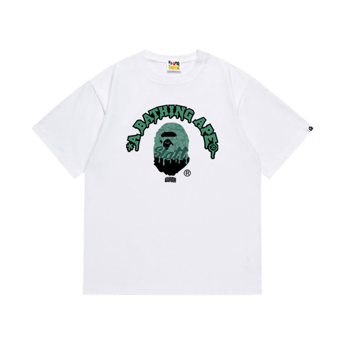 White graphic T-shirt, green outlined arched lettering and green ape graphic, front view