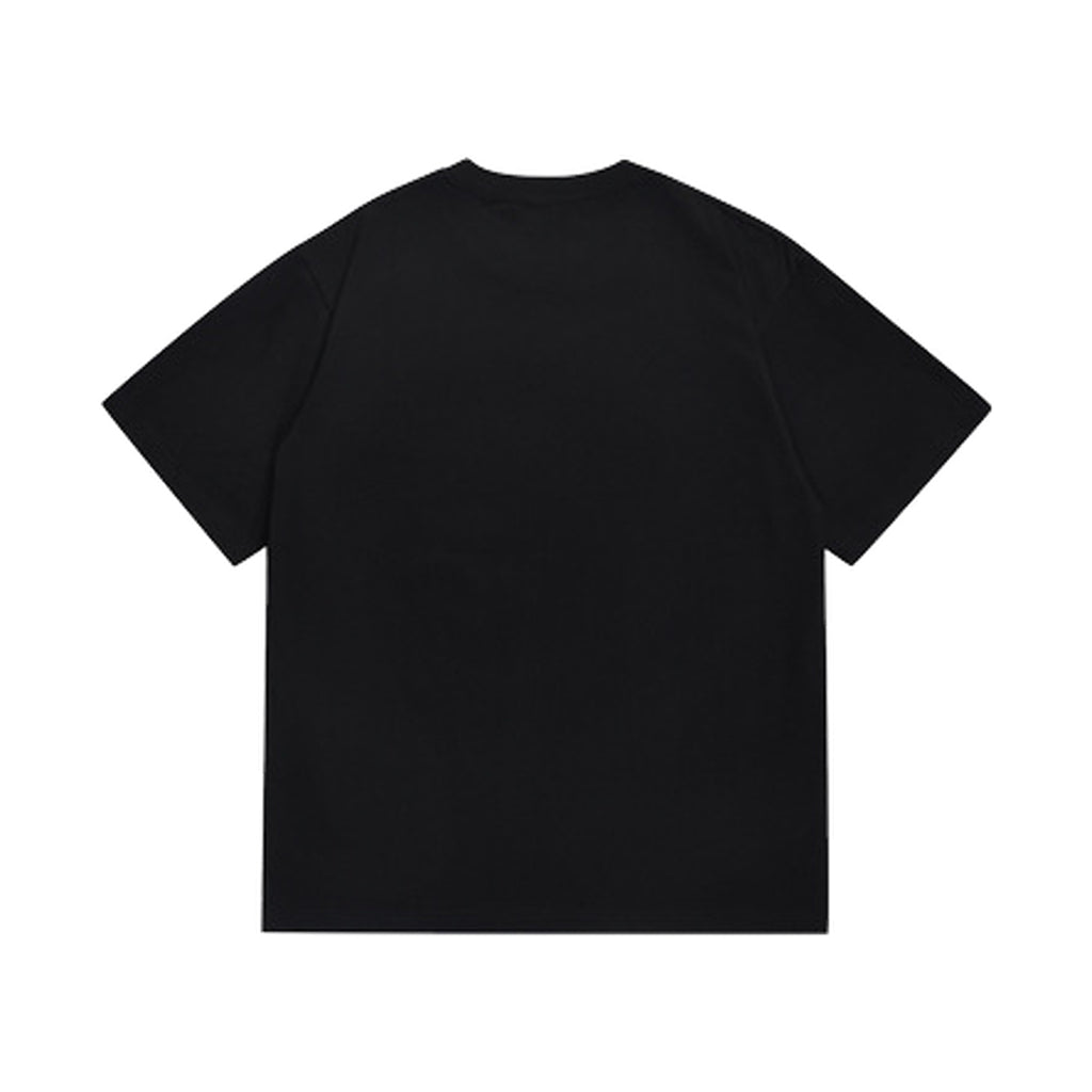 Black graphic T-shirt, plain back, back view