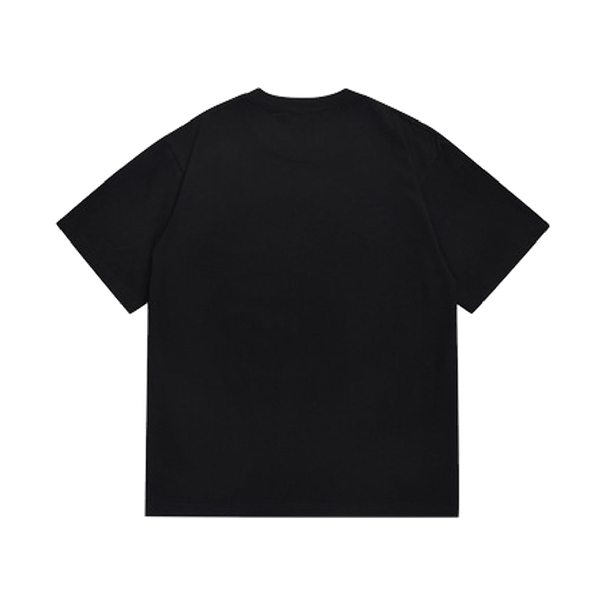 Black graphic T-shirt, plain back, back view