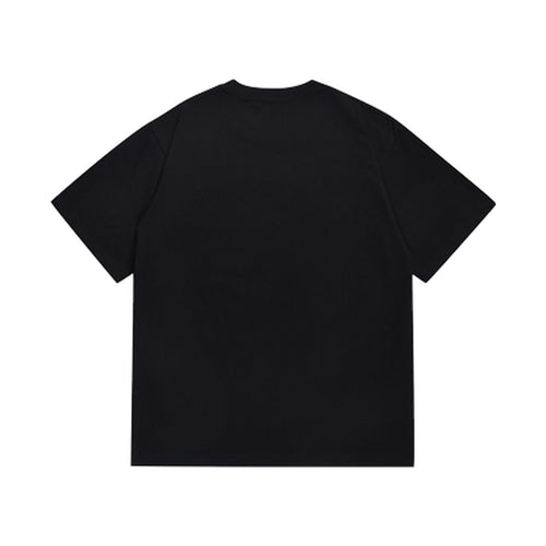 Black graphic T-shirt, plain back, back view