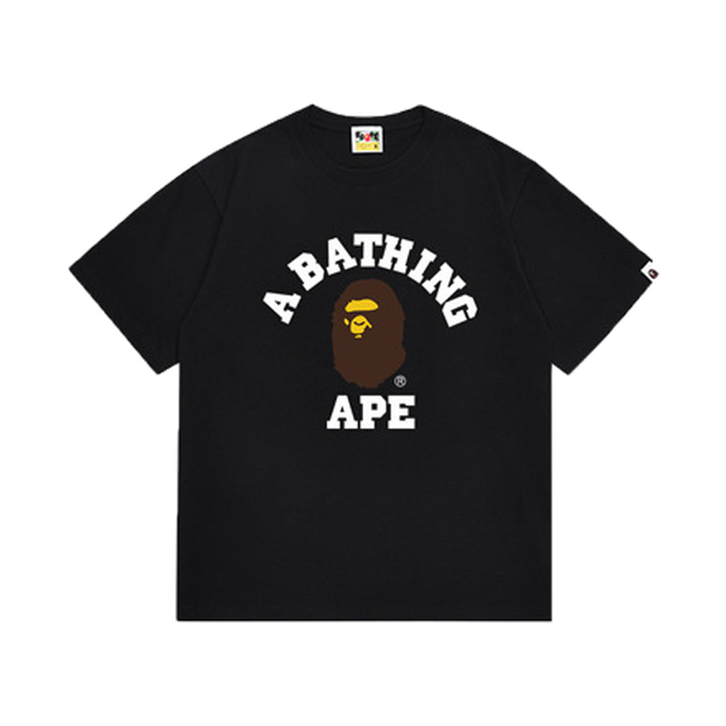 Black graphic T-shirt, arched white lettering and brown and yellow ape-head graphic, front view