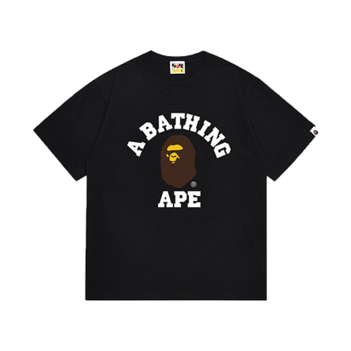 Black graphic T-shirt, arched white lettering and brown and yellow ape-head graphic, front view