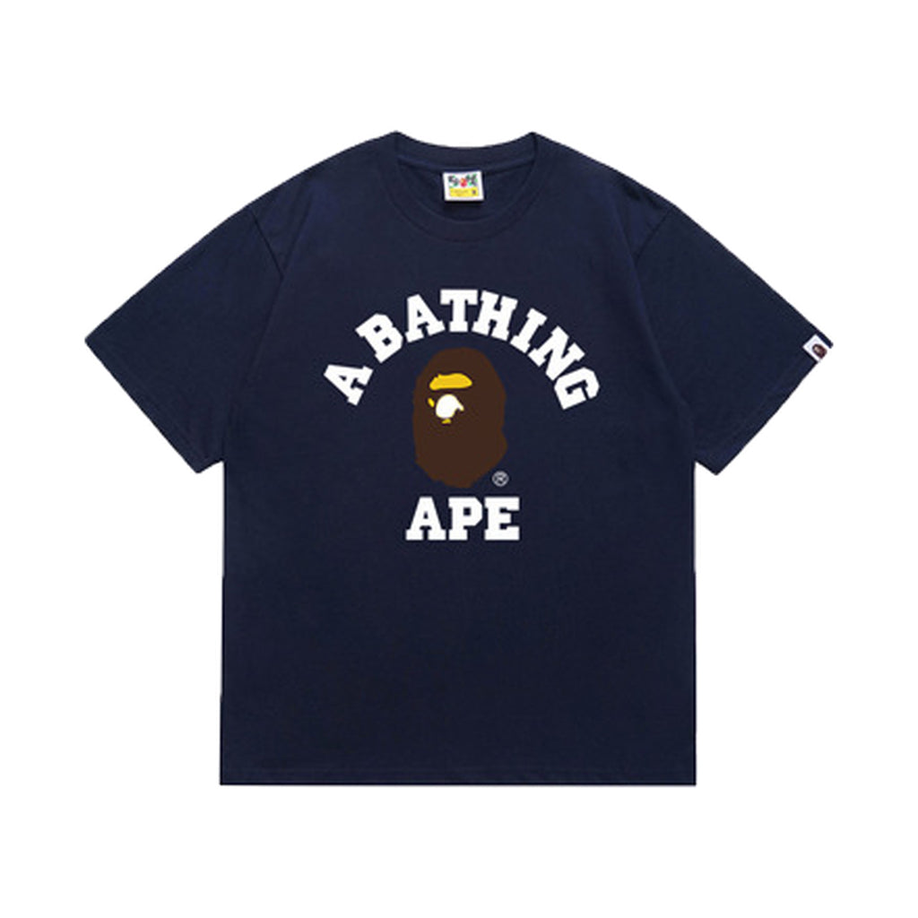 Navy graphic T-shirt, arched white lettering and brown and yellow ape-head graphic, front view