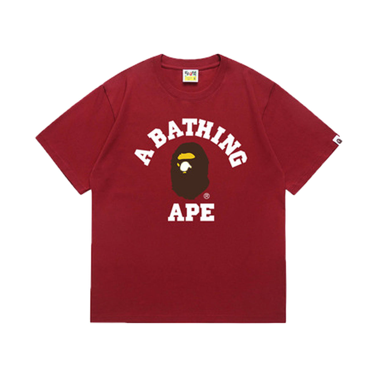 Red graphic T-shirt, arched white lettering and brown and yellow ape-head graphic, front view