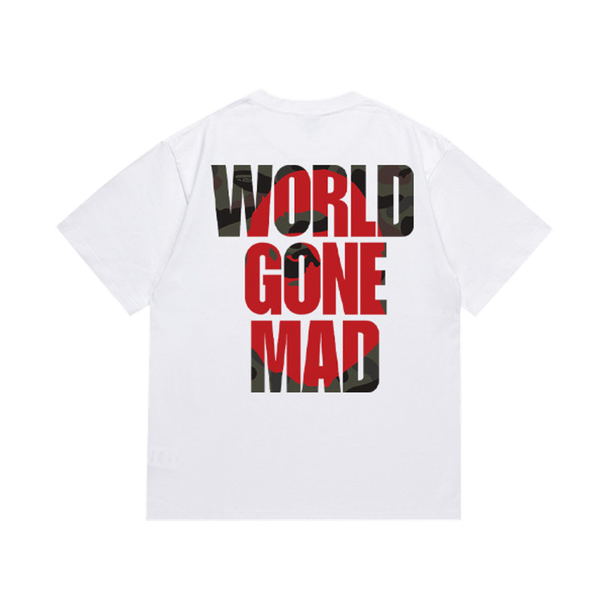White graphic T-shirt, large red and camouflage world gone mad lettering, back view